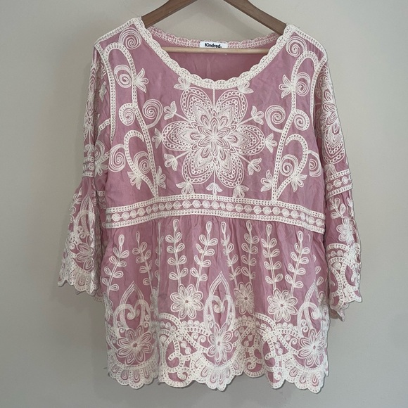 Kindred Tops - Kindred x Anthropologie Pink Floral Heavily Embroidered Bell Sleeve Top Sz Small